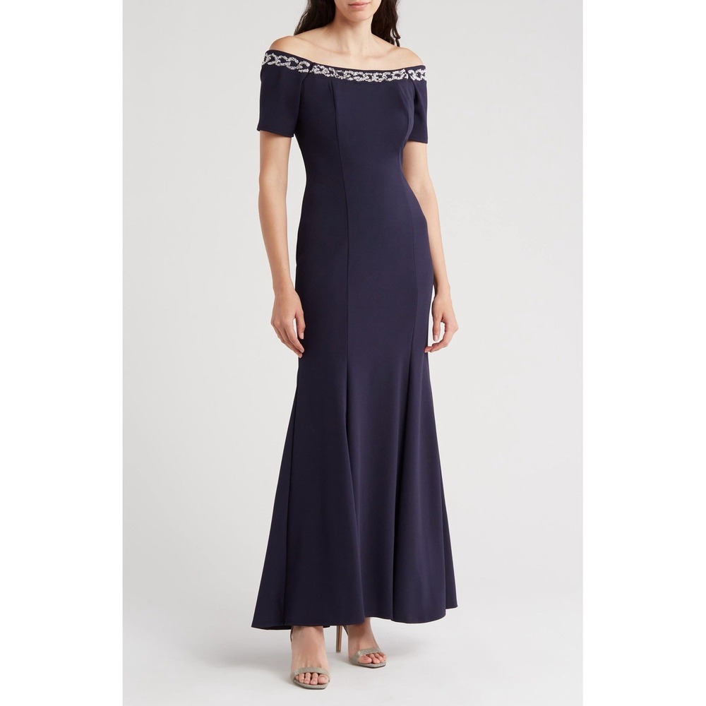 Marina Navy Blue Off Shoulder Maxi Dress Sz M Beaded Elegant Evening Formal Gown